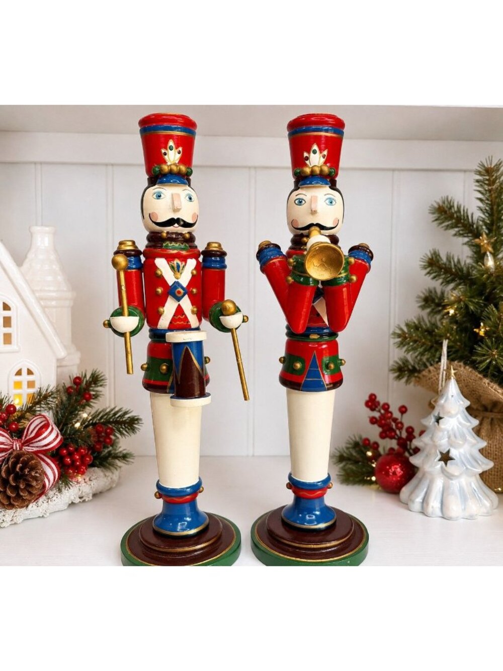 Vintage Kurt Adler Wooden Soldier Candle Holders Drummer Trumpeter Pair 11.75"